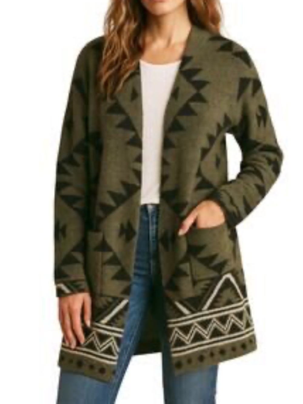 Frye Olive Green & Black Aztec Open-Front Cardigan